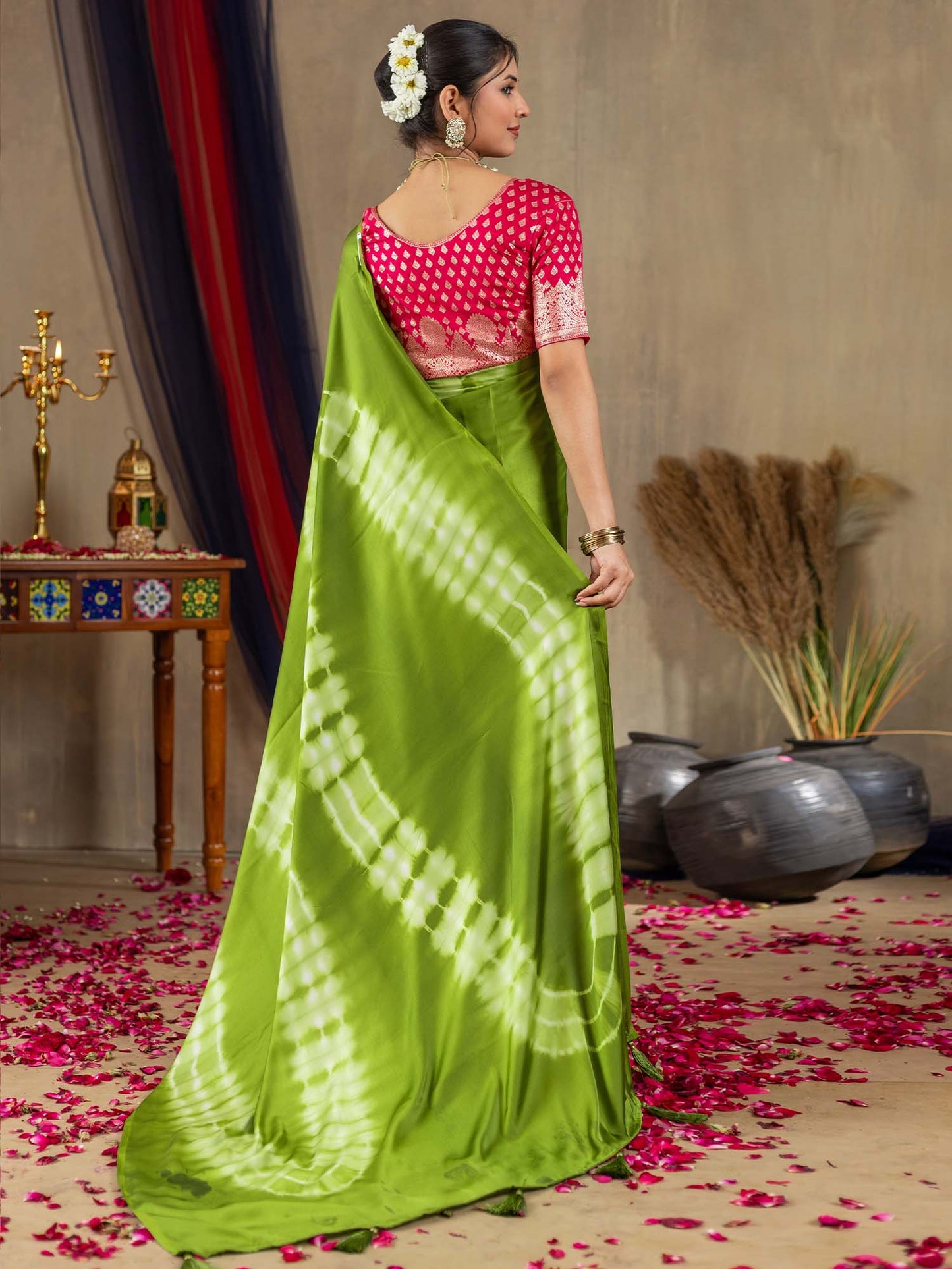 Women's Satin Silk Light Green Printed Designer Saree With Blouse Piece