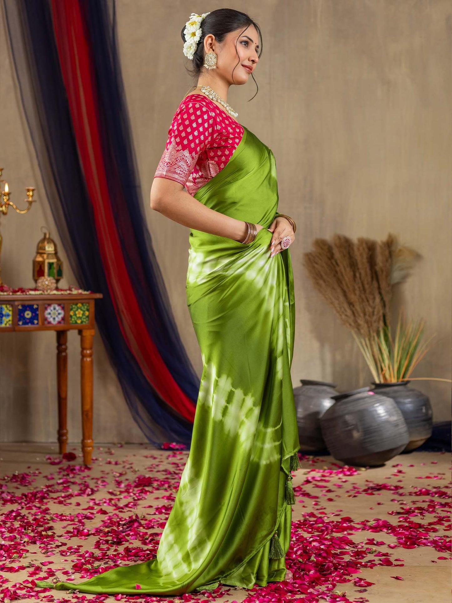 Women's Satin Silk Light Green Printed Designer Saree With Blouse Piece