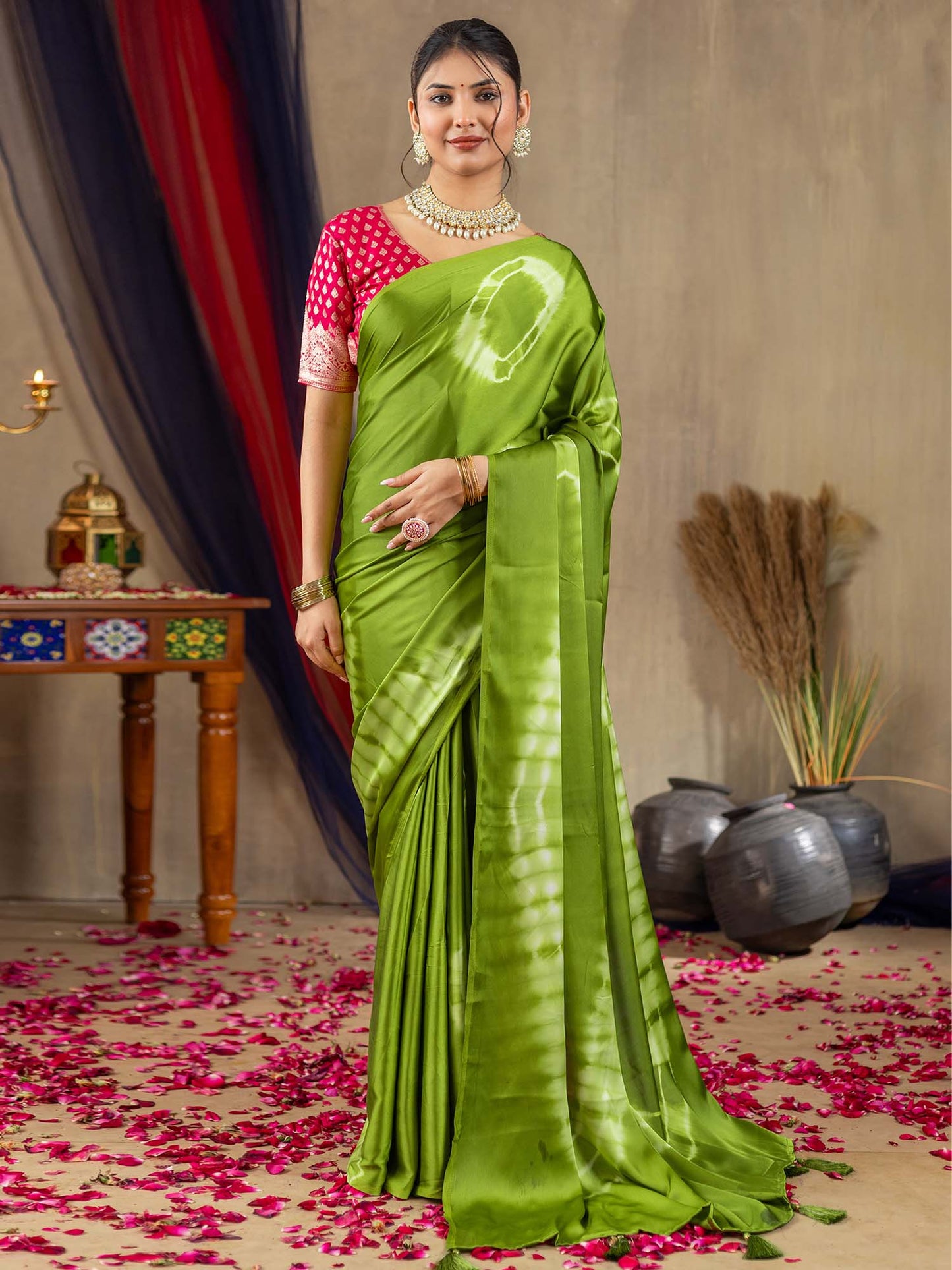 Women's Satin Silk Light Green Printed Designer Saree With Blouse Piece