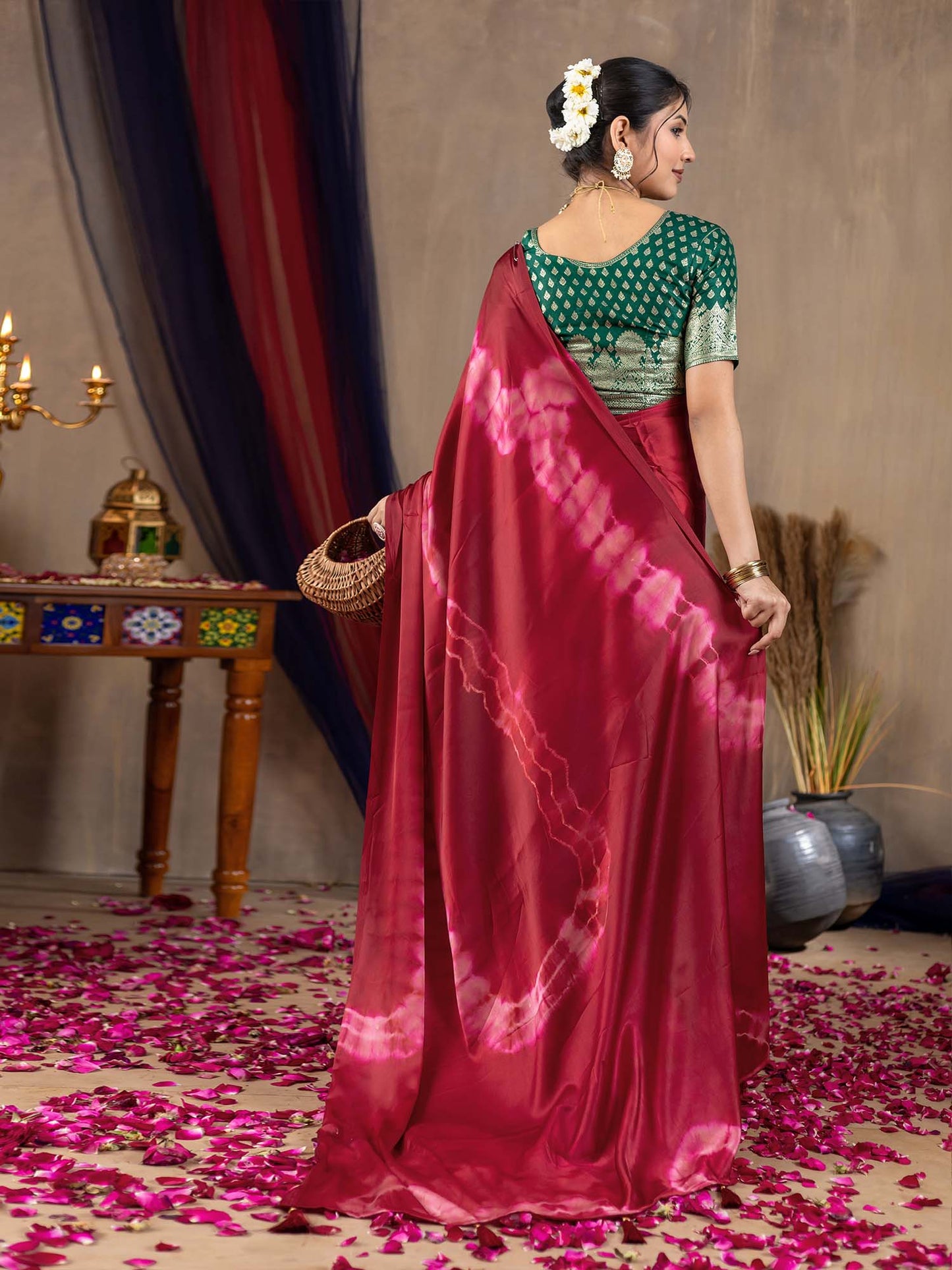 Women's Satin Silk Magenta Printed Designer Saree With Blouse Piece