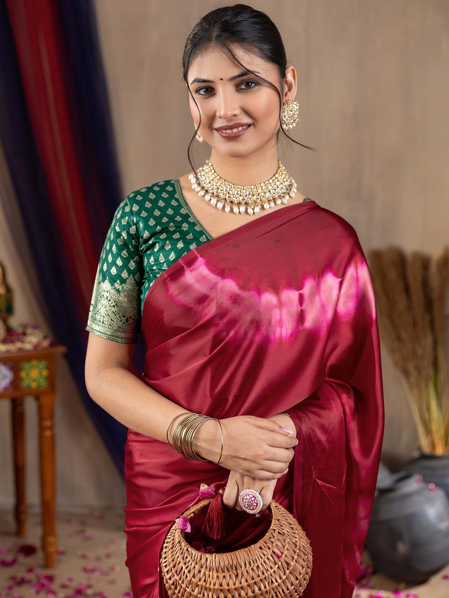 Women's Satin Silk Magenta Printed Designer Saree With Blouse Piece