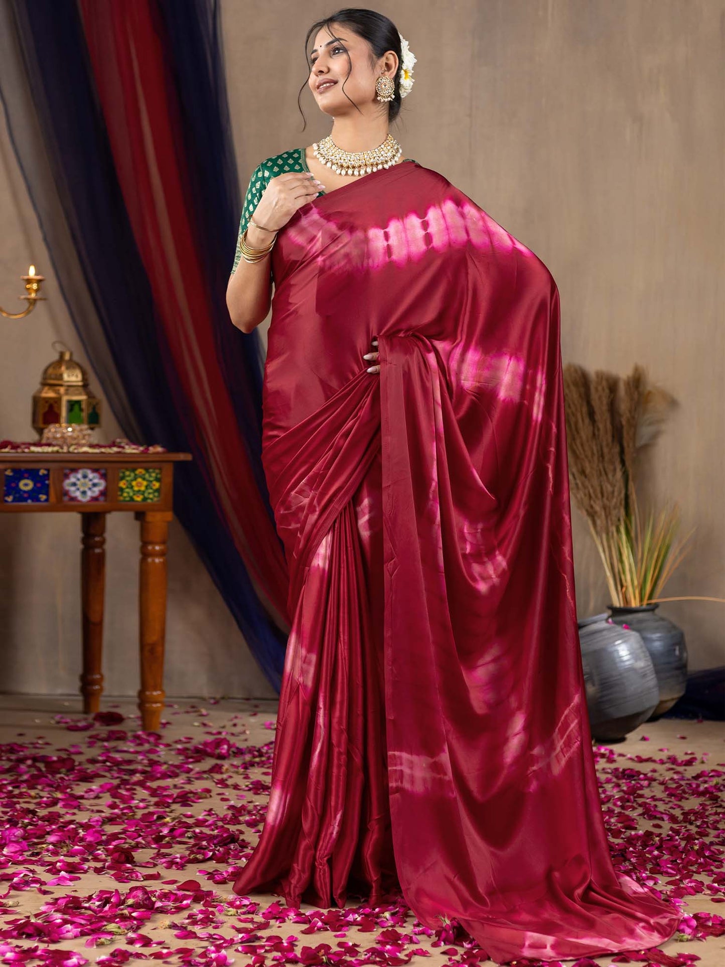 Women's Satin Silk Magenta Printed Designer Saree With Blouse Piece