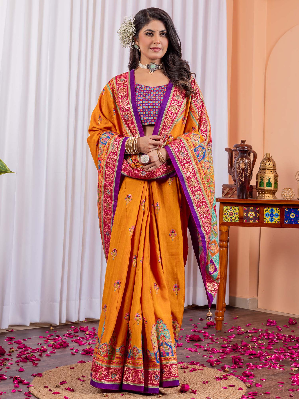 Women's Silk Blend Yellow Printed Designer Saree With Blouse Piece
