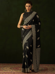 Women's Cotton Blend Black Printed Designer Saree With Blouse Piece
