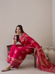Women's Silk Blend Pink Printed Designer Saree With Blouse Piece