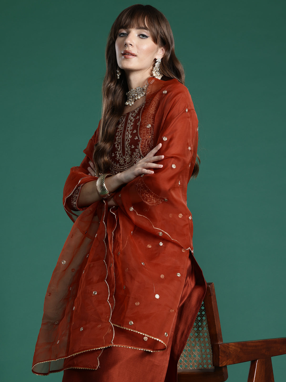 Rust Embroidered Straight Kurta Trousers With Dupatta Set-KH1RT10282