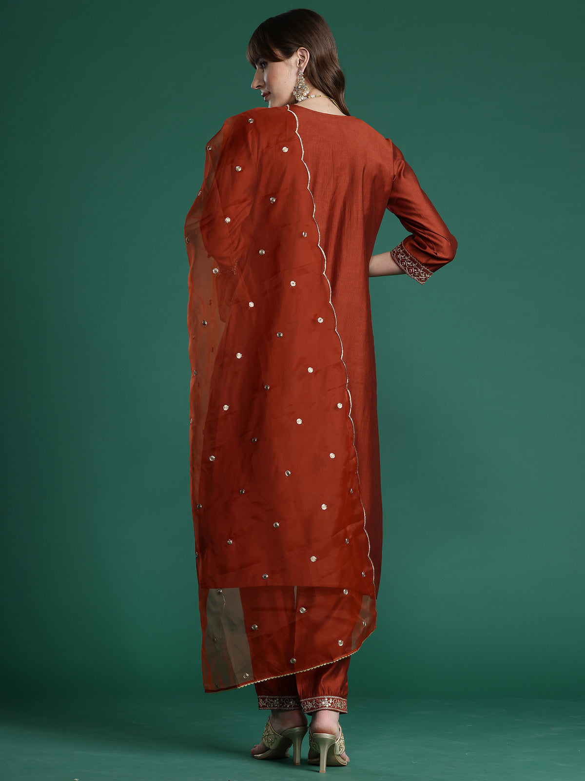 Rust Embroidered Straight Kurta Trousers With Dupatta Set-KH1RT10282