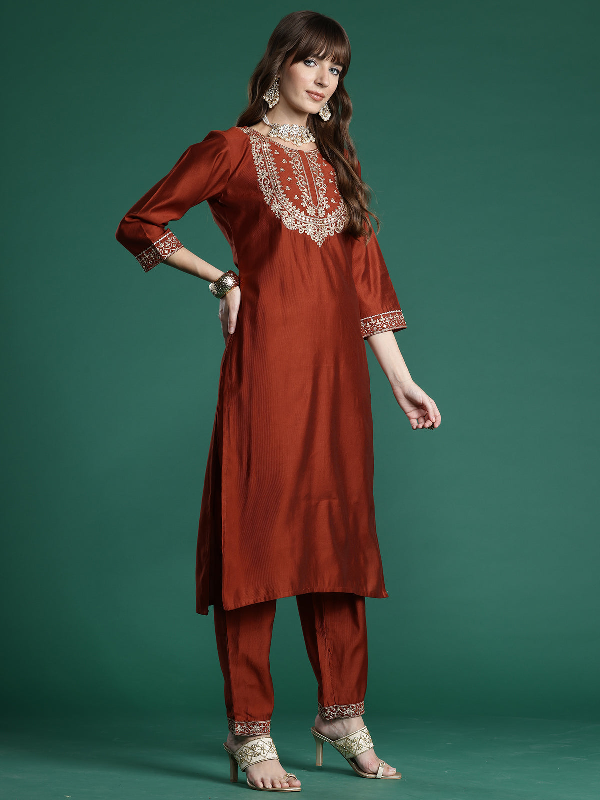 Rust Embroidered Straight Kurta Trousers With Dupatta Set-KH1RT10282