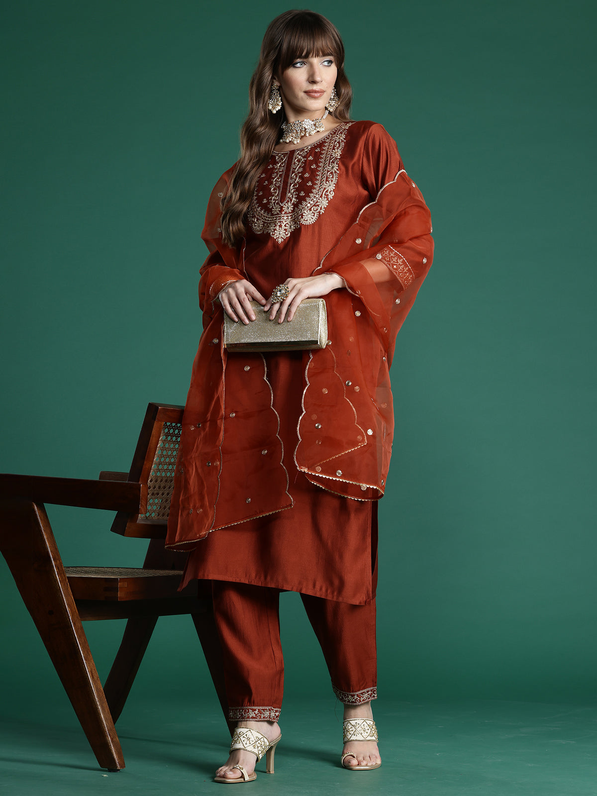 Rust Embroidered Straight Kurta Trousers With Dupatta Set-KH1RT10282