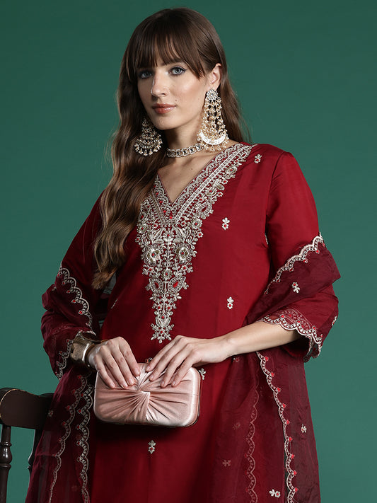 Indo Era Maroon Embroidered Straight Kurta Trousers With Dupatta Set