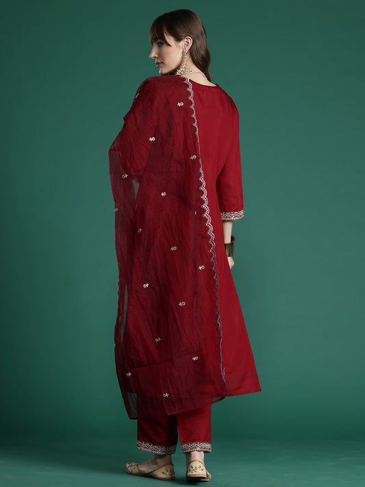 Indo Era Maroon Embroidered Straight Kurta Trousers With Dupatta Set