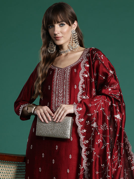 Indo Era Maroon Embroidered Straight Kurta Trousers With Dupatta Set
