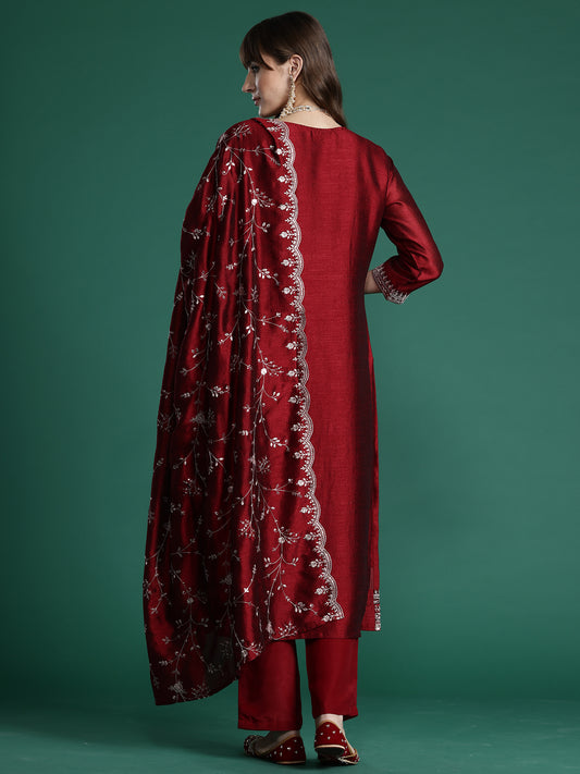 Indo Era Maroon Embroidered Straight Kurta Trousers With Dupatta Set
