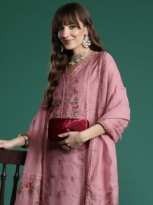 Indo Era Pink Embroidered Straight Kurta Trousers With Dupatta Set