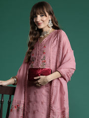 Indo Era Pink Embroidered Straight Kurta Trousers With Dupatta Set