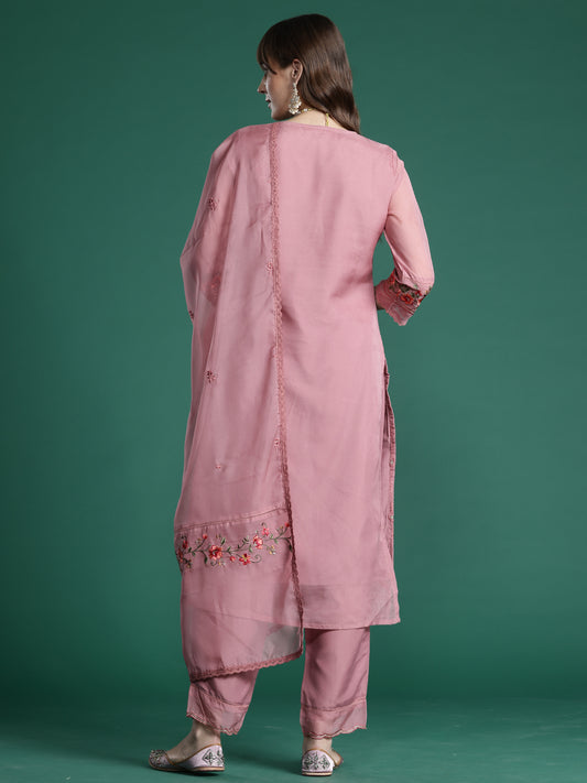 Indo Era Pink Embroidered Straight Kurta Trousers With Dupatta Set