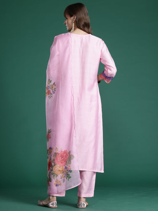 Indo Era Pink Embroidered Straight Kurta Trousers With Dupatta Set