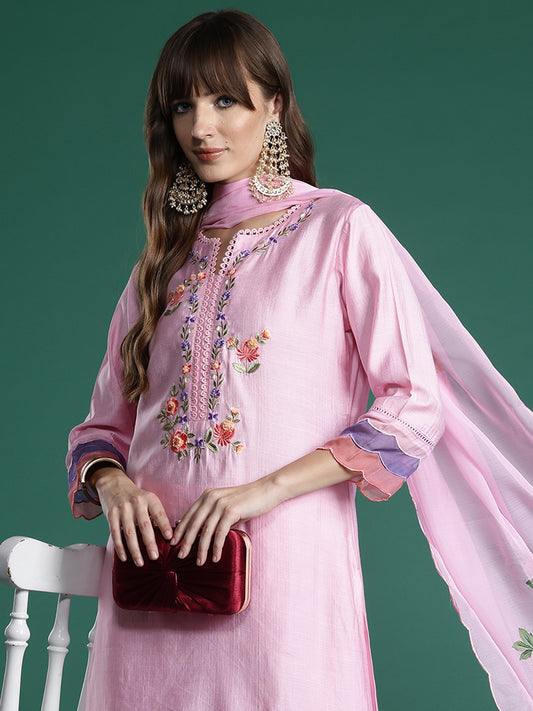 Indo Era Pink Embroidered Straight Kurta Trousers With Dupatta Set