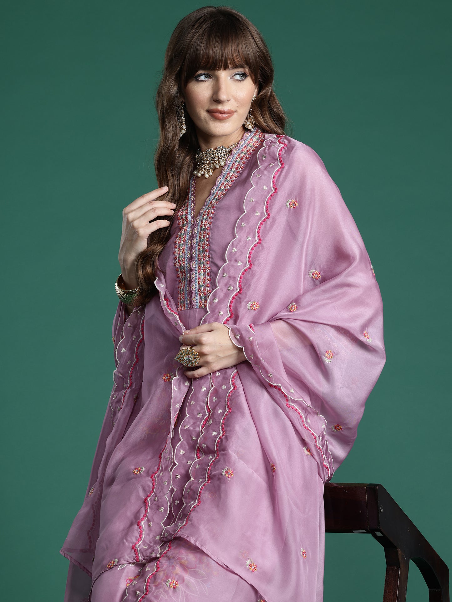 Purple Embroidered Straight Kurta Trousers With Dupatta Set
