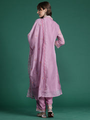 Purple Embroidered Straight Kurta Trousers With Dupatta Set