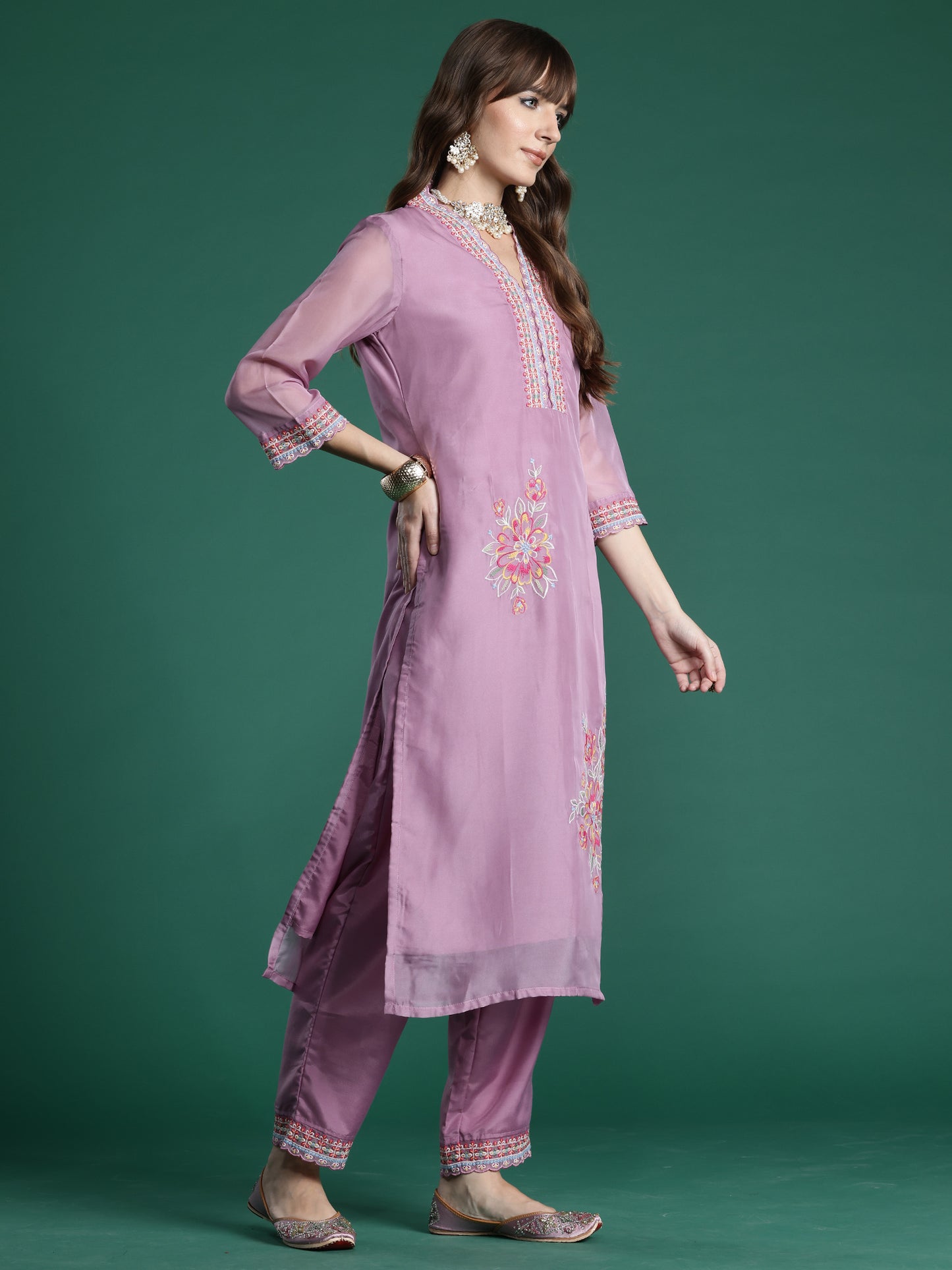 Purple Embroidered Straight Kurta Trousers With Dupatta Set