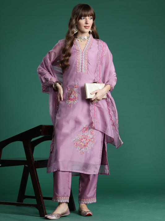Purple Embroidered Straight Kurta Trousers With Dupatta Set