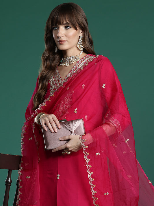 Indo Era Pink Embroidered Straight Kurta Trousers With Dupatta Set