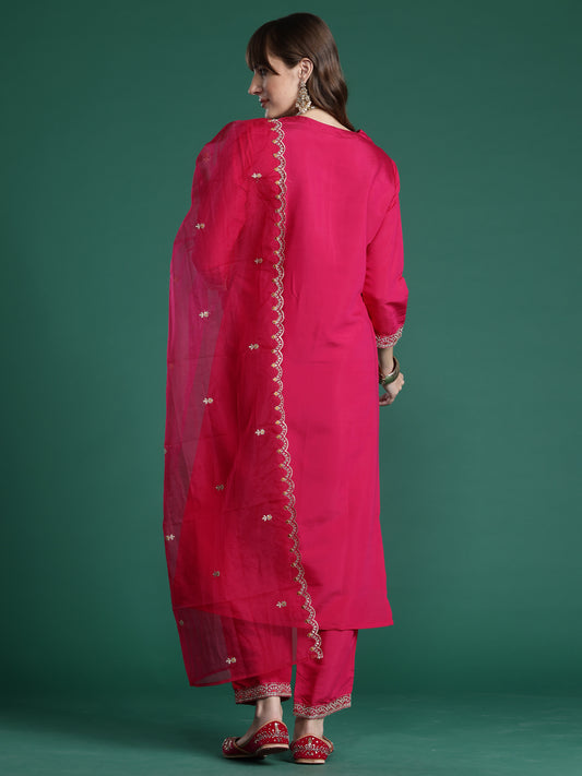 Indo Era Pink Embroidered Straight Kurta Trousers With Dupatta Set