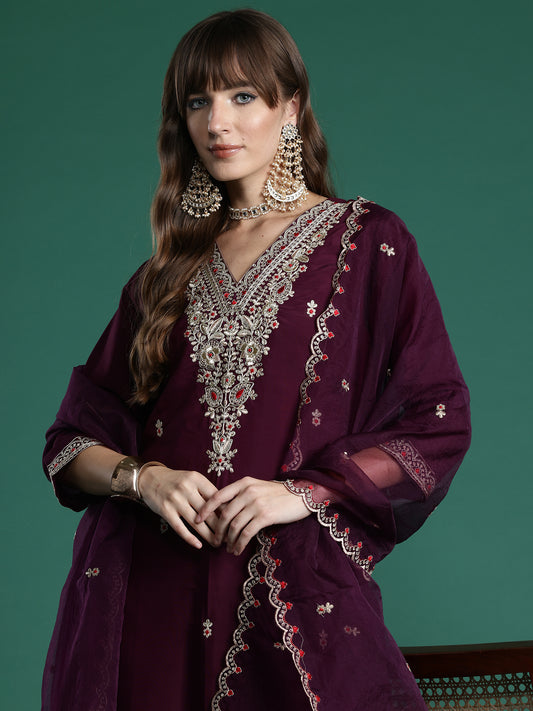 Indo Era Burgundy Embroidered Straight Kurta Trousers With Dupatta Set