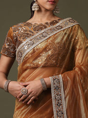 Women's Net Gold Solid Designer Saree With Blouse Piece