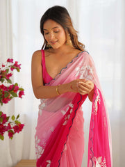 Women's Georgette Pink Embellished Designer Saree With Blouse Piece