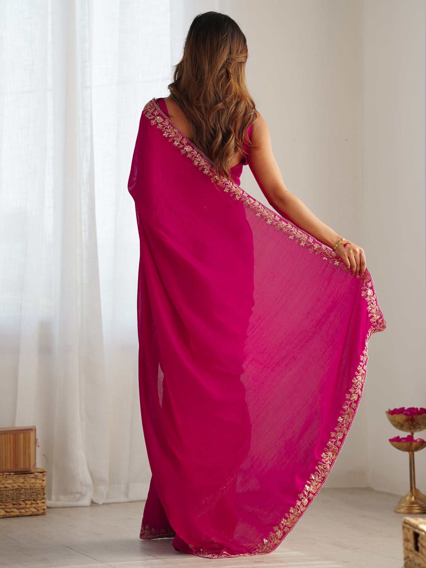 Women's Vichitra Silk Pink Embellished Designer Saree With Blouse Piece