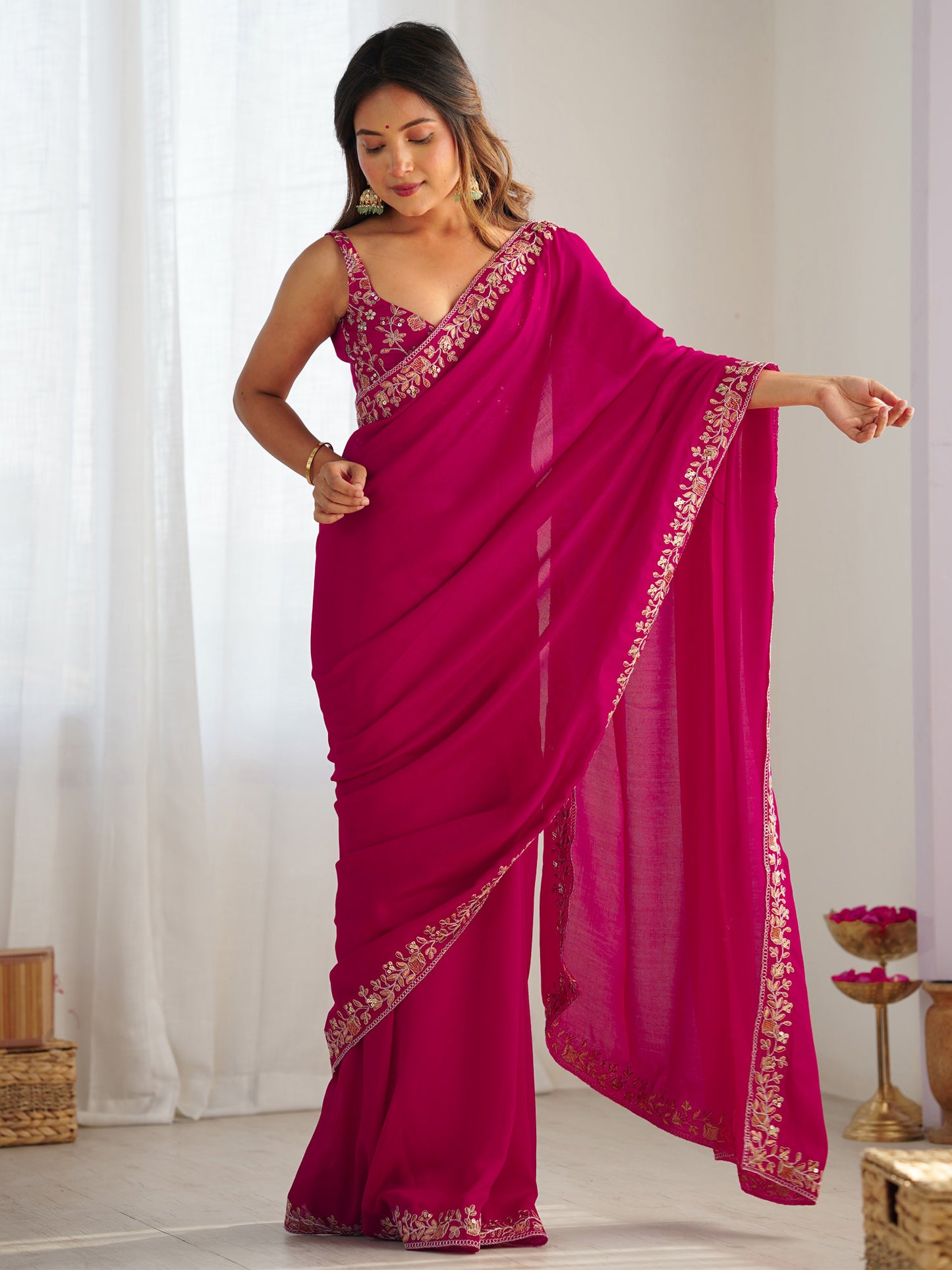 Women's Vichitra Silk Pink Embellished Designer Saree With Blouse Piece
