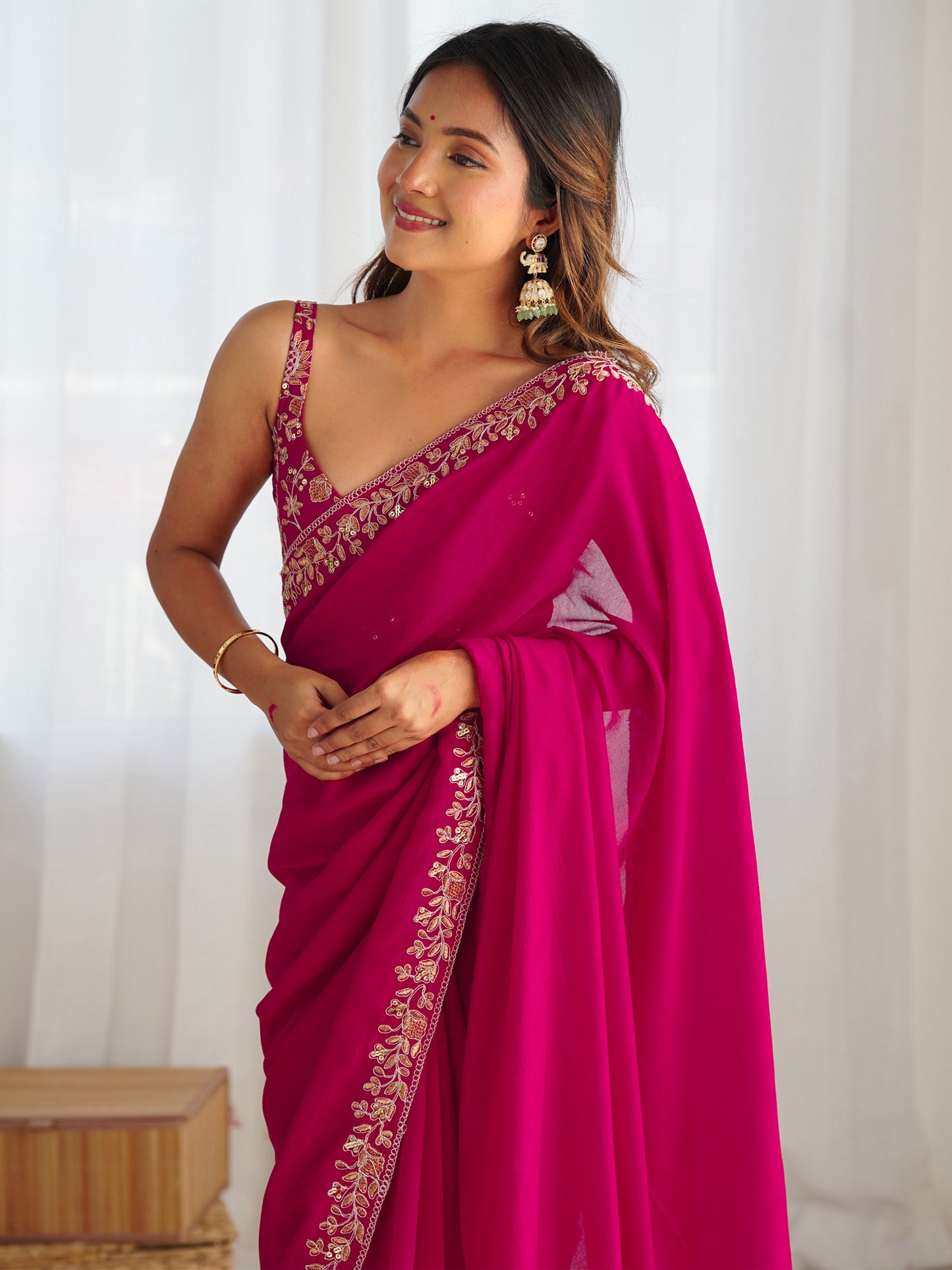 Women's Vichitra Silk Pink Embellished Designer Saree With Blouse Piece