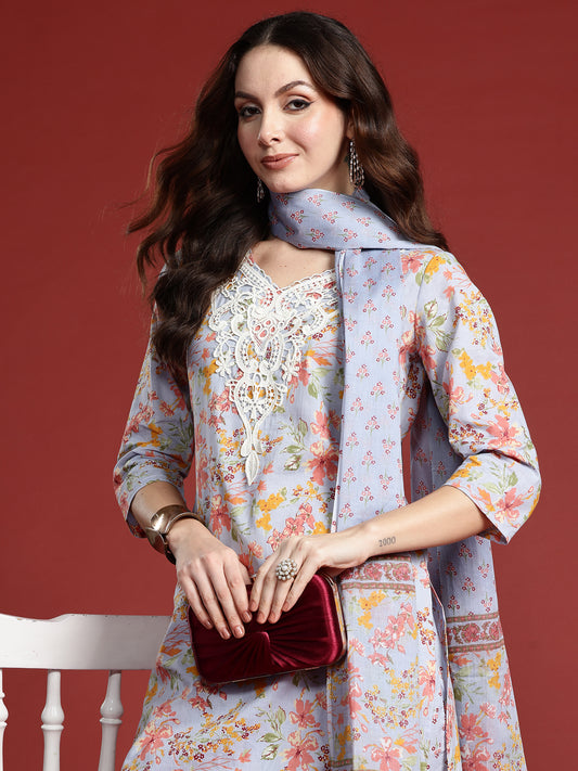 Indo Era Blue Printed Straight Kurta Salwar With Dupatta Set