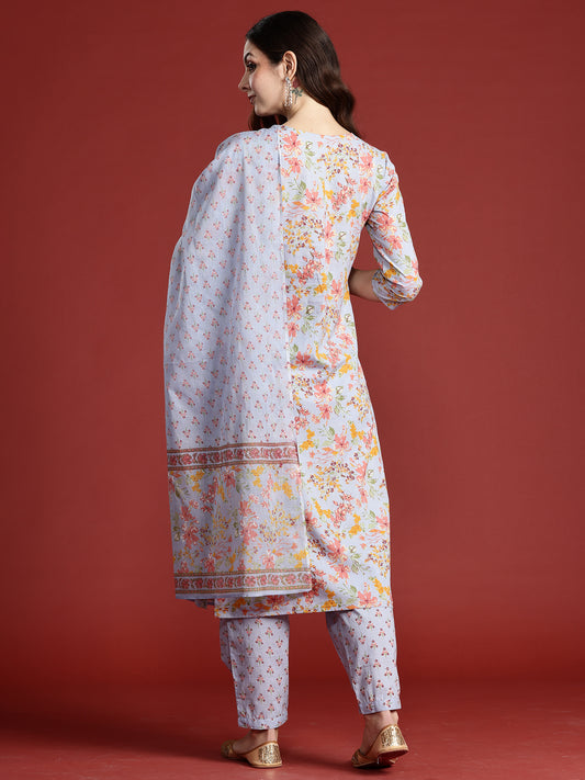 Indo Era Blue Printed Straight Kurta Salwar With Dupatta Set