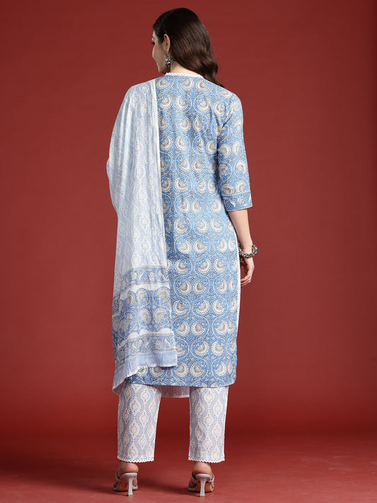 Indo Era Blue Printed Straight Kurta Trousers With Dupatta Set