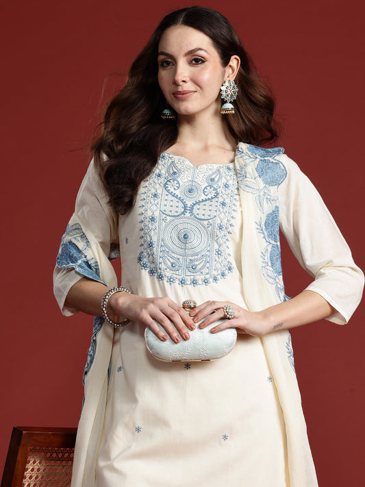 Indo Era Off White Embroidered Straight Kurta Trousers With Dupatta Set