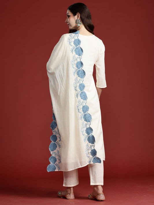 Indo Era Off White Embroidered Straight Kurta Trousers With Dupatta Set