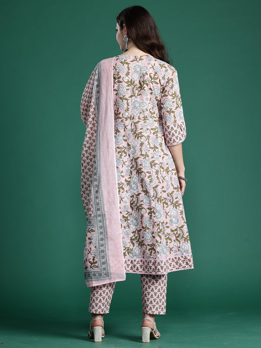 Indo Era Pink Printed Straight Kurta Trousers With Dupatta Set