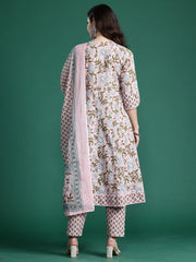 Indo Era Pink Printed Straight Kurta Trousers With Dupatta Set
