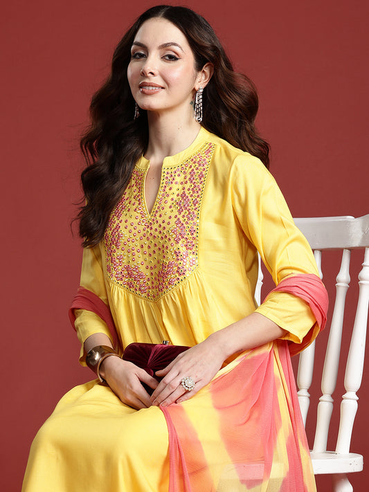 Indo Era Yellow Embroidered A-Line Kurta Trousers With Dupatta set