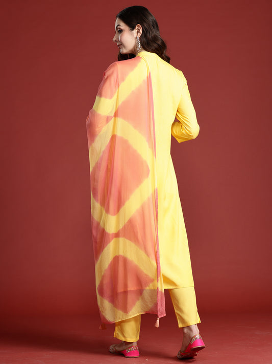 Indo Era Yellow Embroidered A-Line Kurta Trousers With Dupatta set