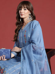 Indo Era Blue Embroidered Straight Kurta Trousers With Dupatta Set