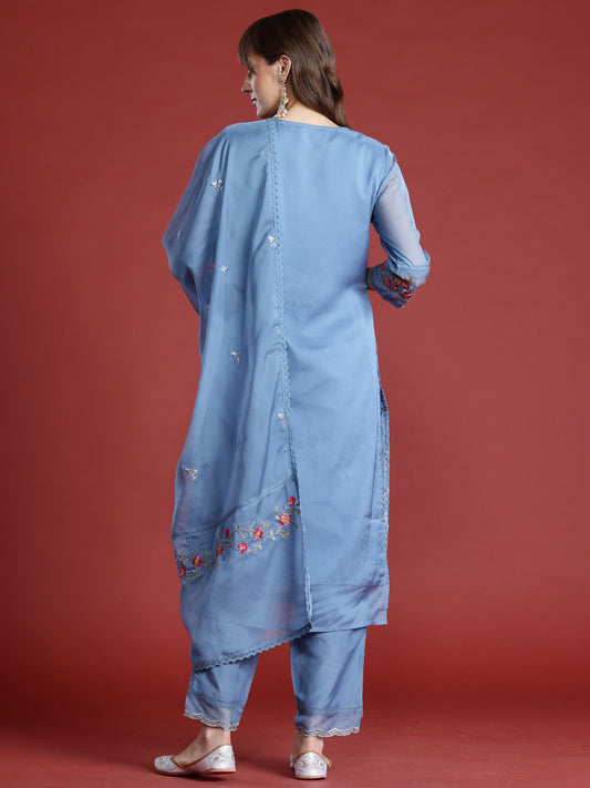 Indo Era Blue Embroidered Straight Kurta Trousers With Dupatta Set