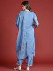 Indo Era Blue Embroidered Straight Kurta Trousers With Dupatta Set