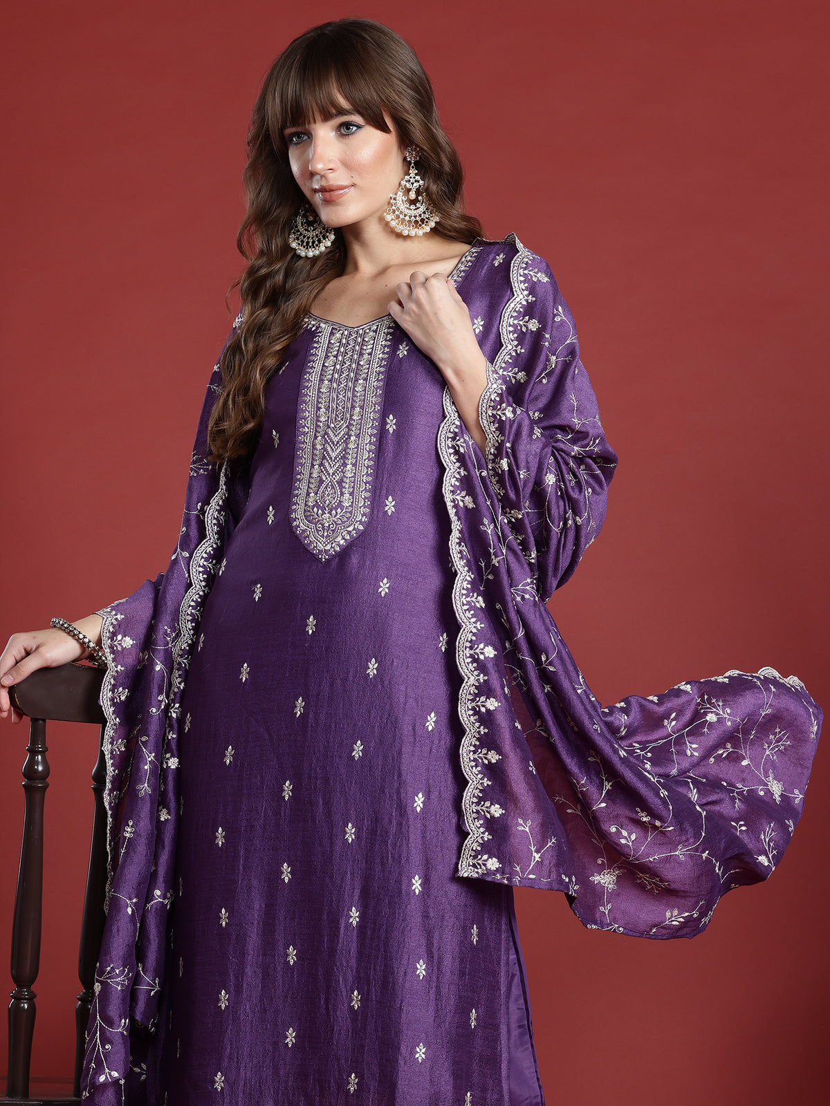 Indo Era Purple Embroidered Straight Kurta Trousers With Dupatta Set