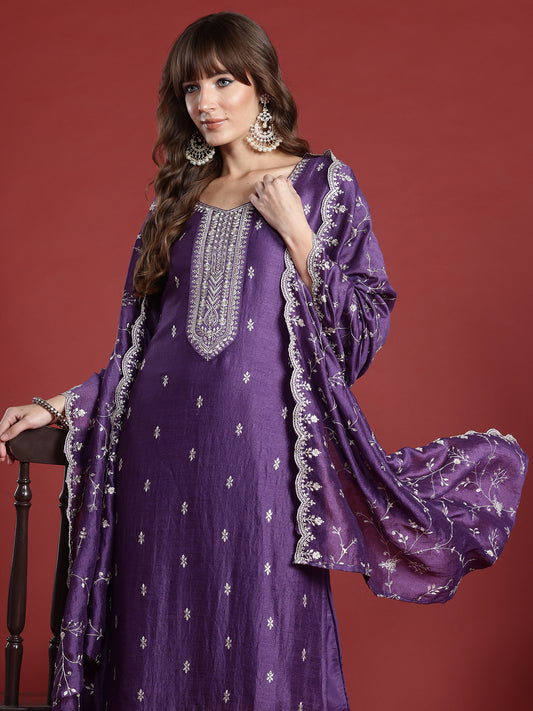 Indo Era Purple Embroidered Straight Kurta Trousers With Dupatta Set