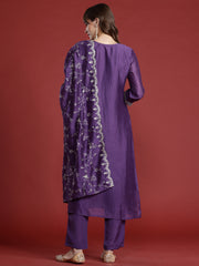 Indo Era Purple Embroidered Straight Kurta Trousers With Dupatta Set