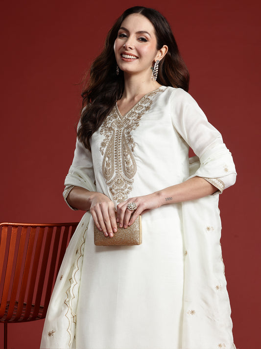Indo Era White Embroidered Straight Kurta Trousers With Dupatta Set